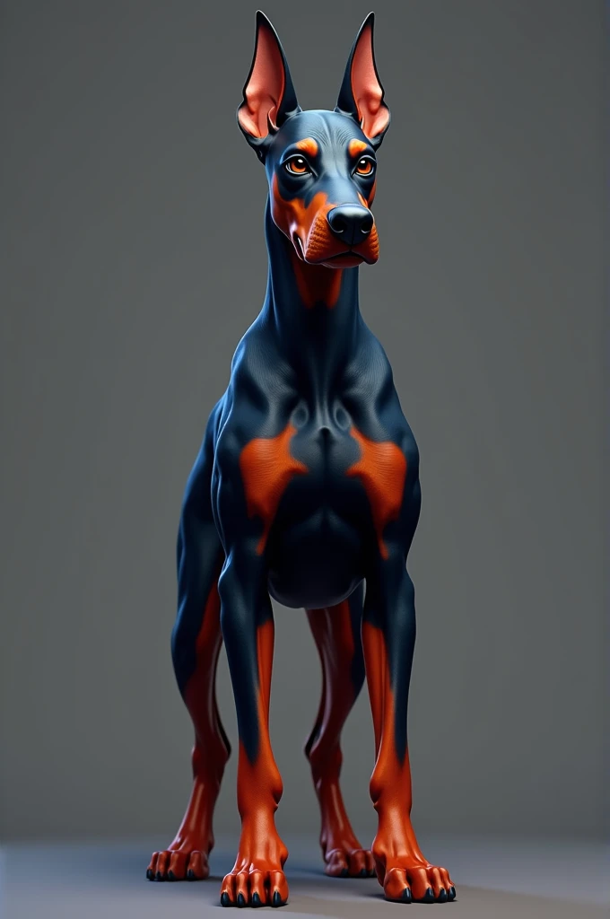 Generate a high-resolution, ultra-realistic image of a Doberman Pinscher with a sleek, muscular build. The dog’s coat should be in vibrant colors like red or blue, with a serious and alert expression, capturing its formidable presence.”full body