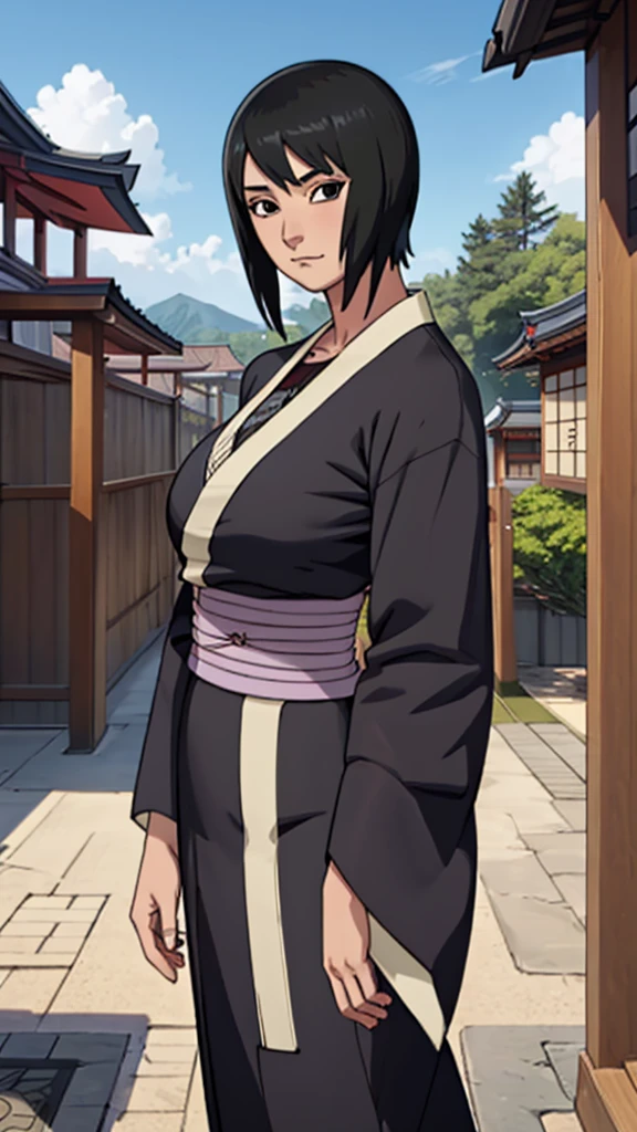 masterpiece, best quality, shizune, black kimono, sem sutiã, upper body, looking at viewer, slight smile, large breasts, seios de fora, japanese architecture, outdoors, sky, realistic