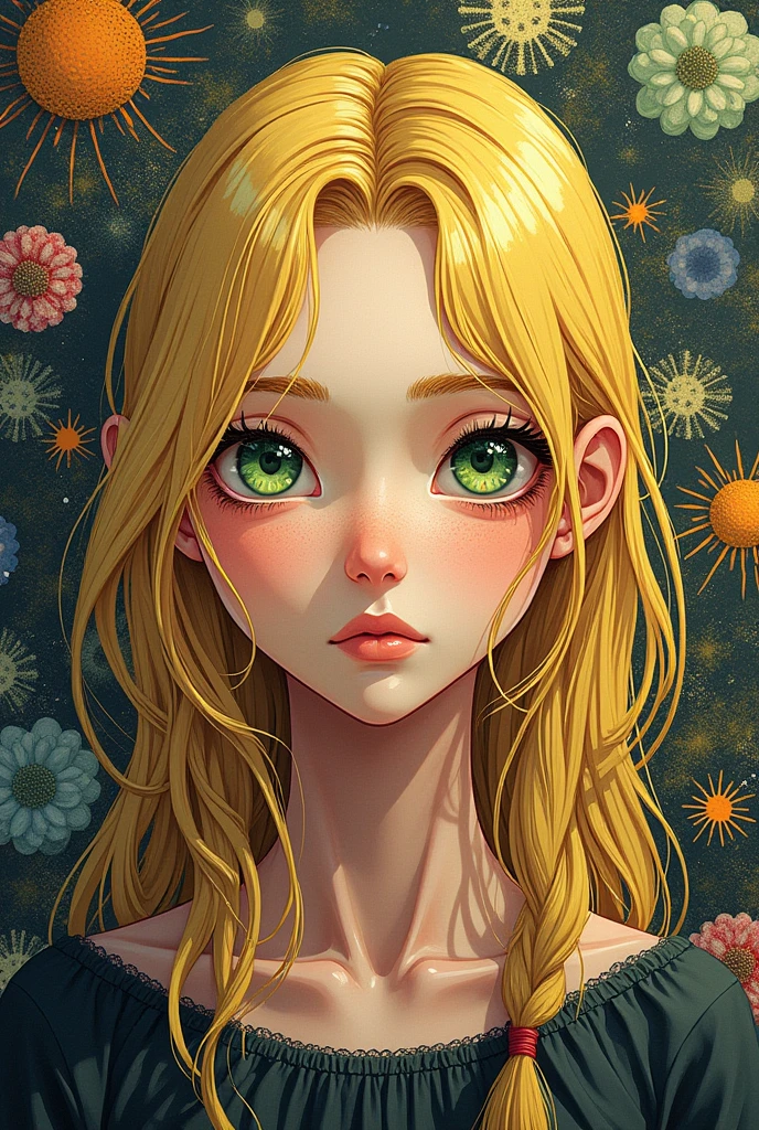 Self-portrait of blonde with green eyes::pointillism style style、Van Gogh style、It's made up of a lot of things big and small、Light color spots、highy detailed ::n_anime styling、Photorealistic、misshaped、failed、hight contrast、noisy ::seed 1000
