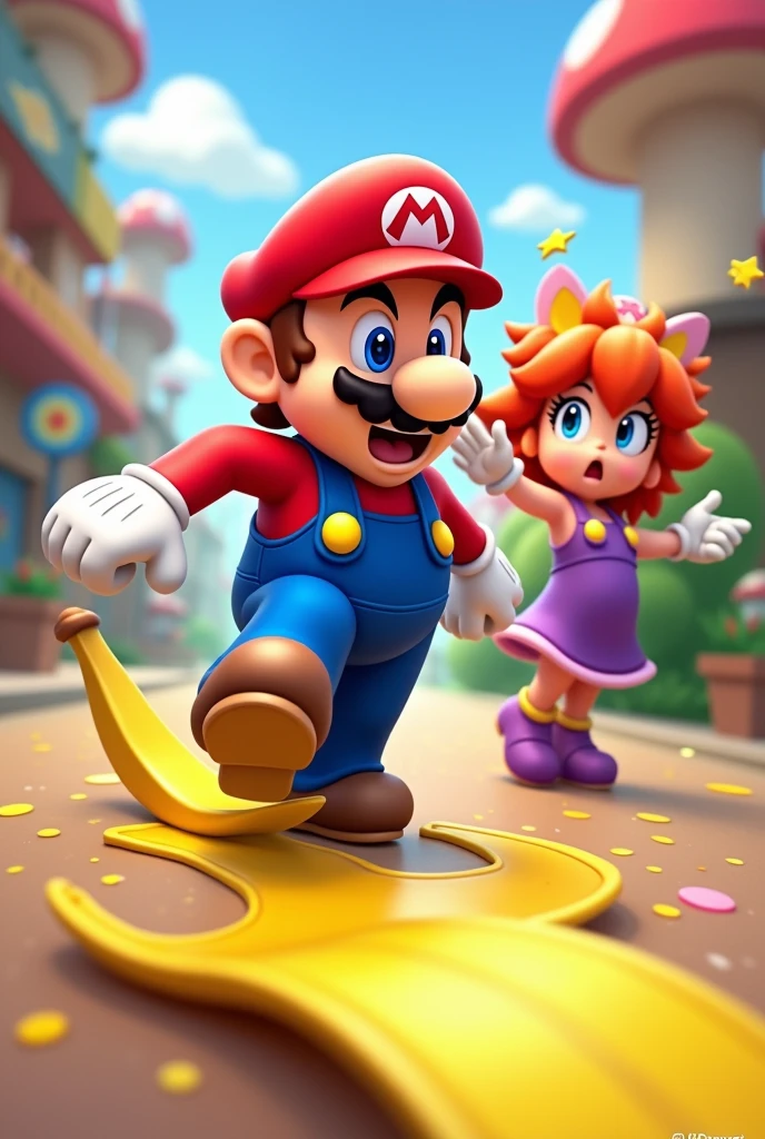 Mario slips on a banana and Pyra is worried