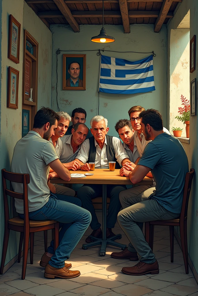 καποιοι που καθοντε σε ενα καφενιο να του κοιτανε νευριαζμενοι