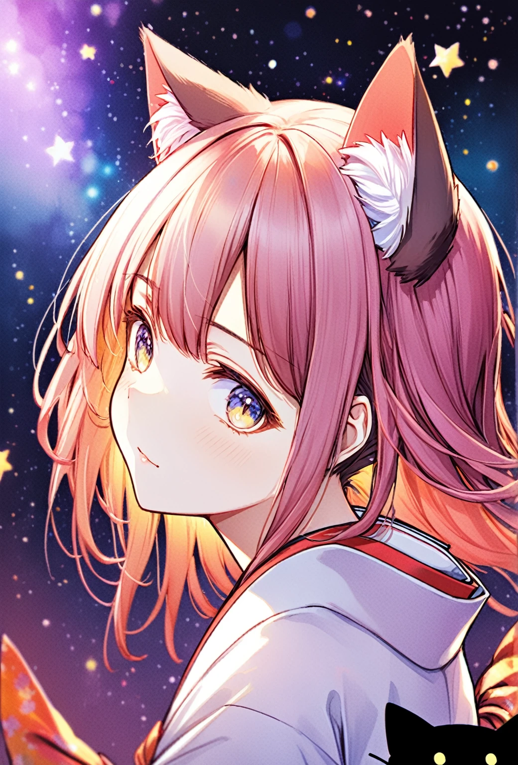 Anime cat girl wearing cat ears kimono, Looking over your shoulder, Anime drawing by Yang J, pixiv Contest Winner, Sequential Art, デジタルAnime illustration, kawashi, Anime-style illustrations, Anime Style 4k, Beautiful anime portraits, Anime style portrait, Anime-style artwork, Gwaise style artwork, Anime illustration, Digital anime art, Detailed Digital anime art, Beautiful starry sky, ((Beautiful night view))