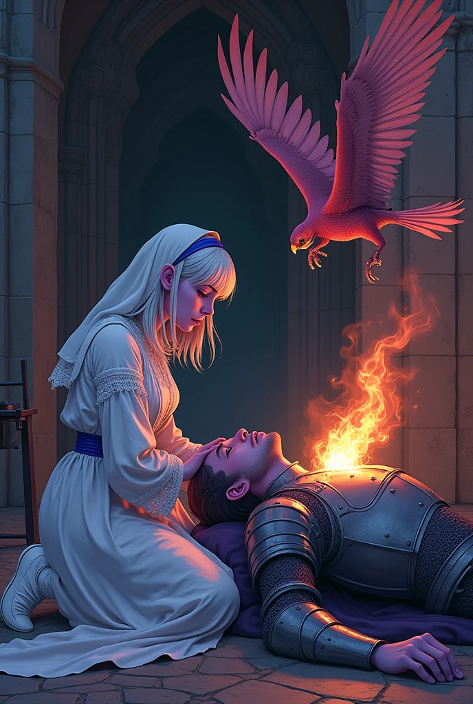(Ultra-detailed face, looking away, Fantasy Illustration with Gothic, Ukiyo-e, Comic Art, Rich colors),
BREAK
(A female dark elf healer is tending to a wounded male knight in iron armor lying on the floor, attempting to channel the god she worships. A flame-clad falcon flutters widely above the knight, and an aura of fiery life flows from the falcon's body into the knight's body.),
BREAK
(The place is a medieval European-style church room used as a field hospital. It is dark outside and there is a small lamp in the room.),
BREAK
(DarkElves: A young-aged dark elf woman with silver color hair, blunt bangs, bob cut and dark purple color skin, lavender color eyes.),
BREAK
(DarkElves: A female dark elf healer wears a white veil, a simple robe of lacy linen, a blue tunic, and white nurse's shoes.)