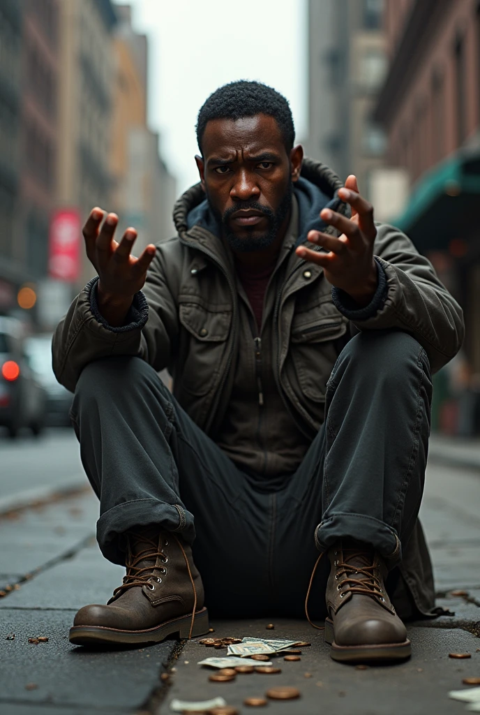 Black man begging for coins on the street and he's crying
