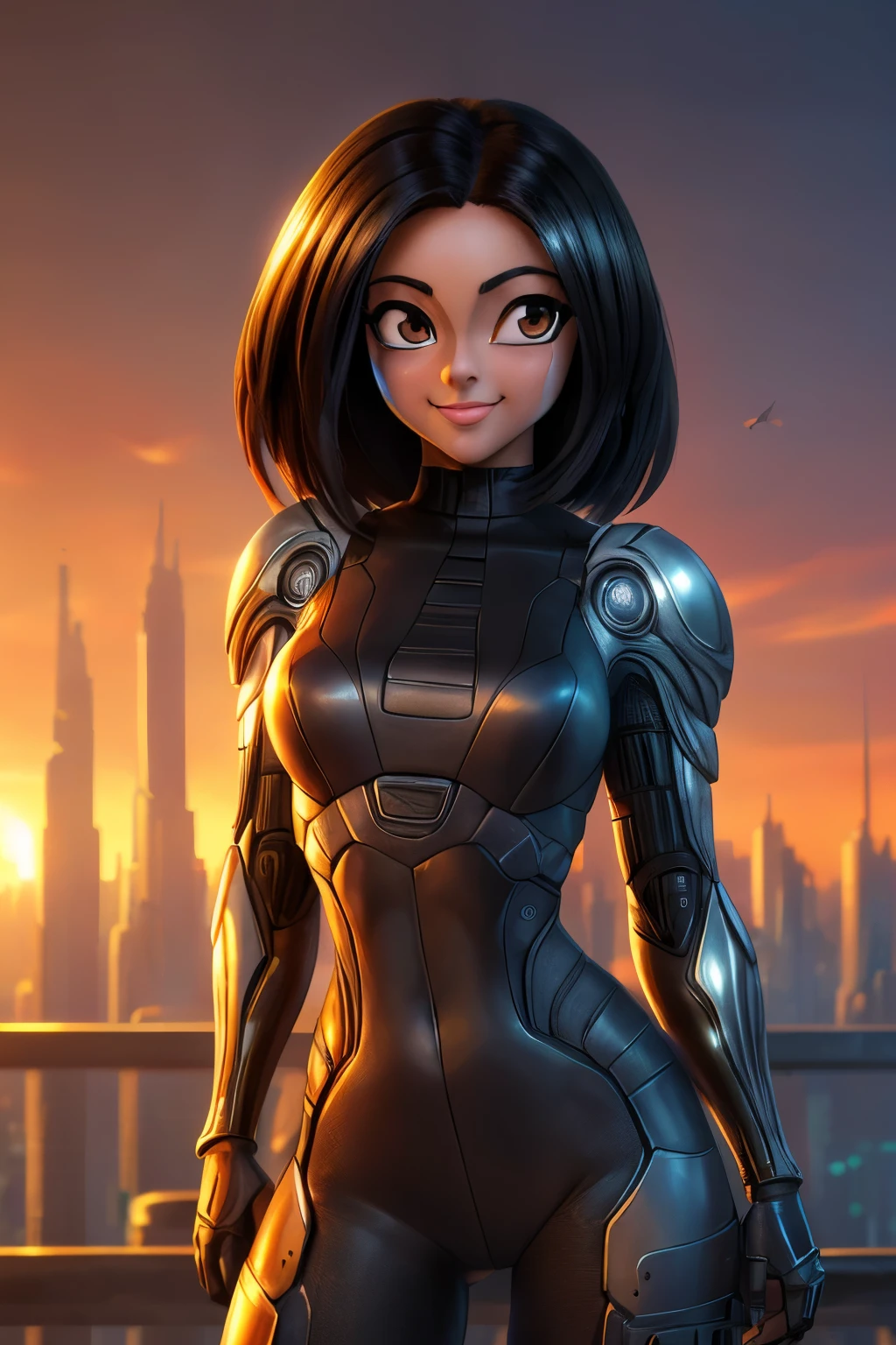 ((ultra quality)), ((Masterpiece artwork)), Alita battle angel, ((blackw, shorth hair)) (Beautiful cute face), (beautiful female lips), enchanting, ((excited expression)), looks at the camera with a gentle smile, eyes are slightly closed, (white skin color), Body shine, ((beautiful detailed female eyes)), ((lightbrown eyes)), (juicy female lips), (beautiful female hands), ((perfect female figure)), perfect female body, beautiful waist, beautiful thighs, beautiful breasts, ((subtle and beautiful)), he is, (close do rosto), (Alita costume) fund: cyberpunk city, beautiful sunset, ((Depth of field)), ((high quality clear image)), (sharp details), ((highy detailed)), realisitic, professional photo session, ((Focus Clear)), the anime