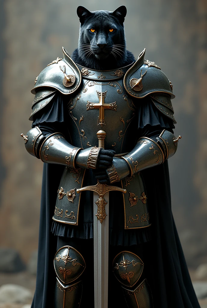 A black panther equipped with extremely stylish and imposing medieval armor, that looks strong and heavy. The armor must be beautiful and detailed.. From the waist up, the panther must appear with an intense, fixed gaze forward, holding a sword in a firm and resolute stance, Transmitting strength and determination
