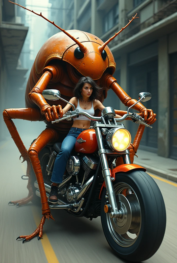 Cockroach riding a motorcycle,drawing,Women riding pillion