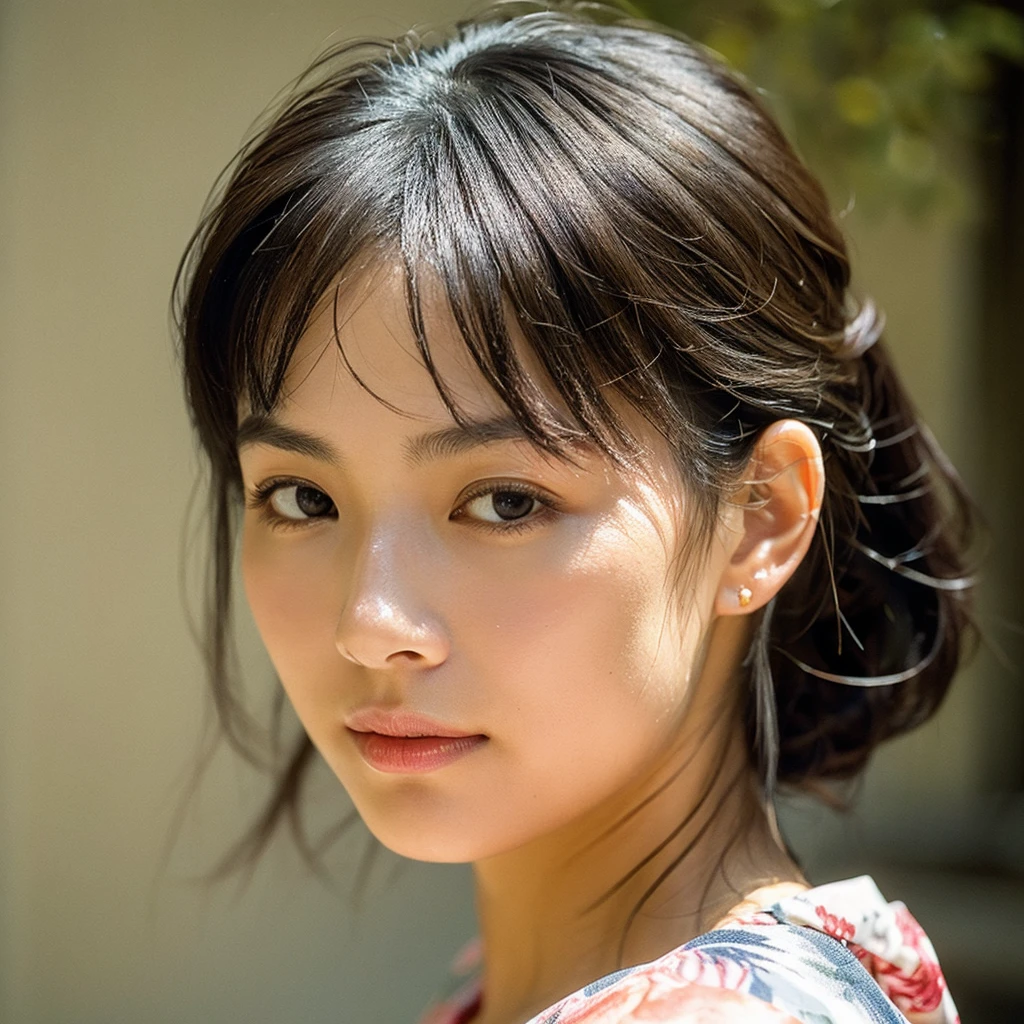 A hyper-realistic image of a single Japanese woman in her early 20s, captured from the shoulders up with the nostalgic warmth and subtle graininess of a film camera. She is wearing a traditional yukata with a vibrant, cute design featuring bold and colorful floral patterns such as cherry blossoms and peonies in shades of pink, red, and lavender, set against a soft pastel background. The obi is elegantly tied with a complementary color, adding a playful touch. The fabric of the yukata appears naturally lightweight, with visible folds and textures that enhance its realism, draping gracefully over her shoulders. Her skin, seen clearly from the shoulders up, has a warm beige tone with a highly realistic, slightly rough texture, showcasing visible pores, fine lines, and minor blemishes, along with subtle unevenness, such as delicate dryness around the cheeks and small natural shadows under the eyes. The lighting is soft and subdued, replicating the gentle, diffused natural light of an overcast day or early evening, creating realistic shadows across her face. These shadows subtly contour her cheekbones, nose, and jawline, adding depth and dimension to her facial features, enhancing the lifelike quality of her skin texture. Her straight, glossy black hair frames her face naturally, slightly tousled, adding to the authenticity of her look. Her deep brown eyes reflect the ambient light, providing depth and a natural, lifelike shine. The film camera effect introduces a noticeable grain and a soft focus, giving the image a warm, nostalgic atmosphere while maintaining the raw, lifelike quality of her skin. The composition is centered solely on her, capturing her serene and understated elegance, focusing closely on the detailed textures of the yukata and the authentic, natural skin texture, with dynamic lighting and shadow play that mimics a real-life photograph.