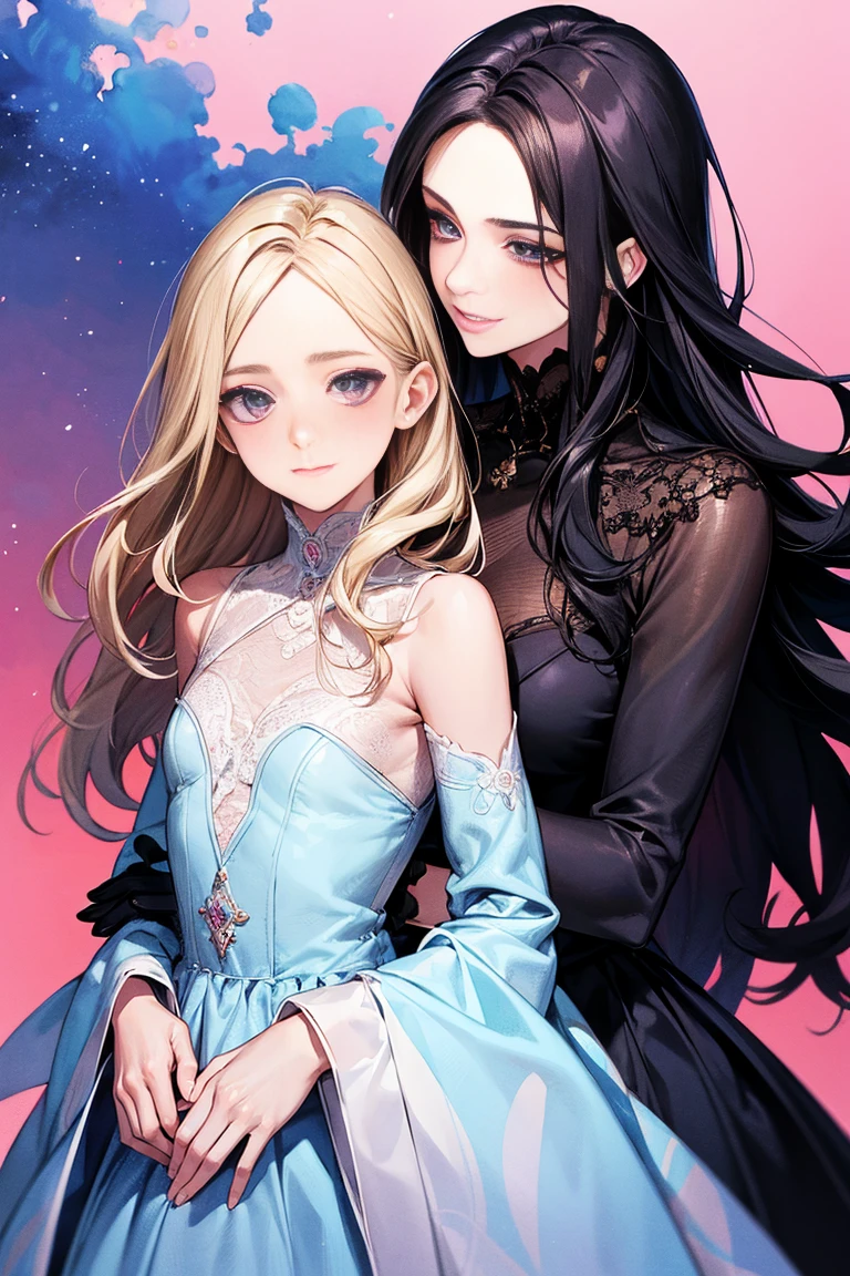 (ultra detalhado, absolutamente resolução, melhor qualidade:1.3), 2.5D, bela moça, fleeting e sad expression, cabelo liso castanho claro bagunçado em camadas, testa, (attractive e seductive) e (amorous e lewd) Face, inventar, vestindo um vestido preto de estilingue, proporções glamourosas, fundo escuro e opaco, delicate e dynamic effects, efeitos de filtro nebulosos, efeitos de iluminação iridescente, artístico, Hiper, arte digital gráfica em CG, BREAK olhos escuros, man and woman, couple, love, mature, a cat woman, she has freckles, she has dark brown eyes and an upturned nose, she is happy and smiling, she has long wavy hair, black hair, she is wearing aviator sunglasses with clear lenses in a soft watercolor style. The girl's clothes must be pink, purple, and blue in celebration of the bisexual, with stains of ink and watercolor mixing and filling the scene. he has blonde hair, he is handsome, he is slim. There should be a subtle, nuanced change in colors using the impasto technique with gouache paint. There should be a light rain in the watercolor painting with a little watercolor paper texture and a pastel background.