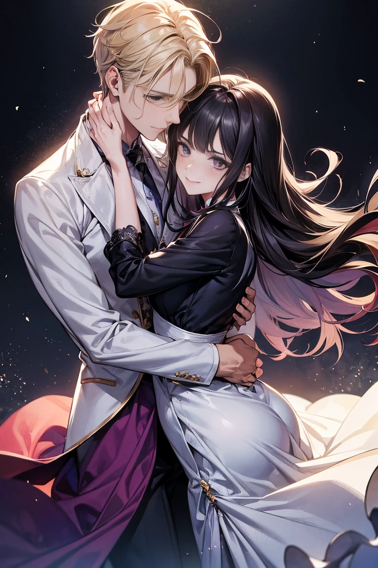 (ultra detalhado, absolutamente resolução, melhor qualidade:1.3), 2.5D, bela moça, fleeting e sad expression, cabelo liso castanho claro bagunçado em camadas, testa, (attractive e seductive) e (amorous e lewd) Face, inventar, vestindo um vestido preto de estilingue, proporções glamourosas, fundo escuro e opaco, delicate e dynamic effects, efeitos de filtro nebulosos, efeitos de iluminação iridescente, artístico, Hiper, arte digital gráfica em CG, BREAK olhos escuros, man and woman, couple, love, mature, a cat woman, she has freckles, she has dark brown eyes and an upturned nose, she is happy and smiling, she has long wavy hair, black hair, she is wearing aviator sunglasses with clear lenses in a soft watercolor style. The girl's clothes must be pink, purple, and blue in celebration of the bisexual, with stains of ink and watercolor mixing and filling the scene. he has blonde hair, he is handsome, he is slim. There should be a subtle, nuanced change in colors using the impasto technique with gouache paint. There should be a light rain in the watercolor painting with a little watercolor paper texture and a pastel background.