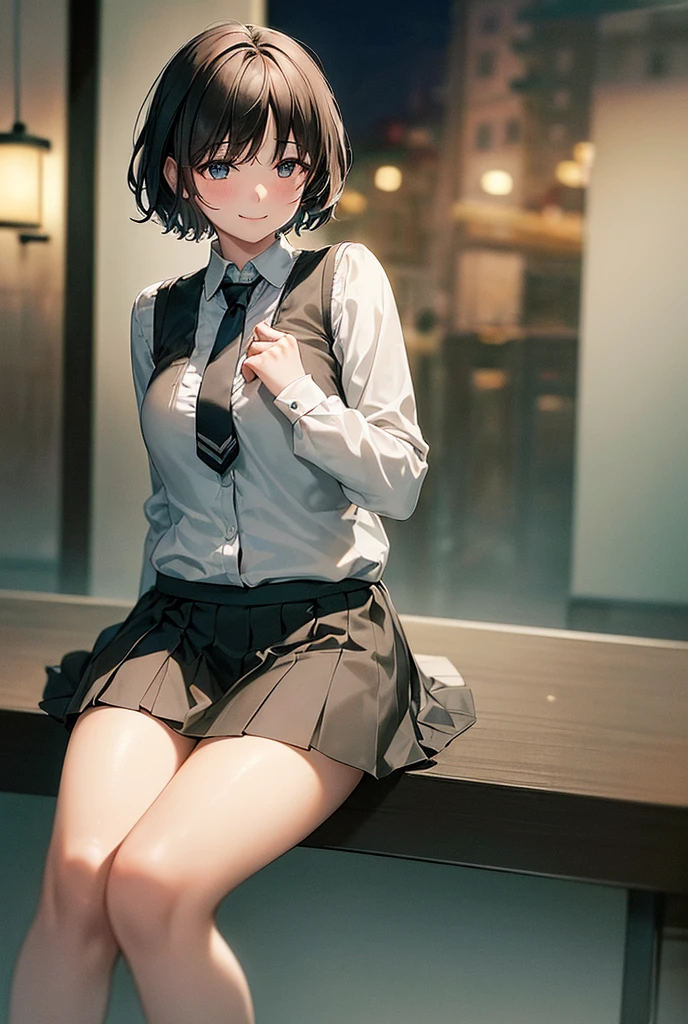 masterpiece, best quality, highres, beautiful face, (solo, 18yo),
sit on chair, (night, cafe:1.4)
BREAK black hair, shiny hair, (mannish extra short haircut, side parted, side undercut:1.5),
tsurime, pink eyes,
(flat chest:1.6), (scrawny), (pale skin:0.8), (shy:1.3),
BREAK (school uniform), (white collared shirt, plain pattern shirt, short sleeves:1), (unbuttoned, button gap:1.2), (open clothes:1.3)
BREAK (black and grey plaid pattern skirt:1.2), (pleated skirt, miniskirt:1.2),
BREAK (pink lace panties), (visible top of panties:1.3), (bulge crotch:1.5)
BREAK (pink lace bra)