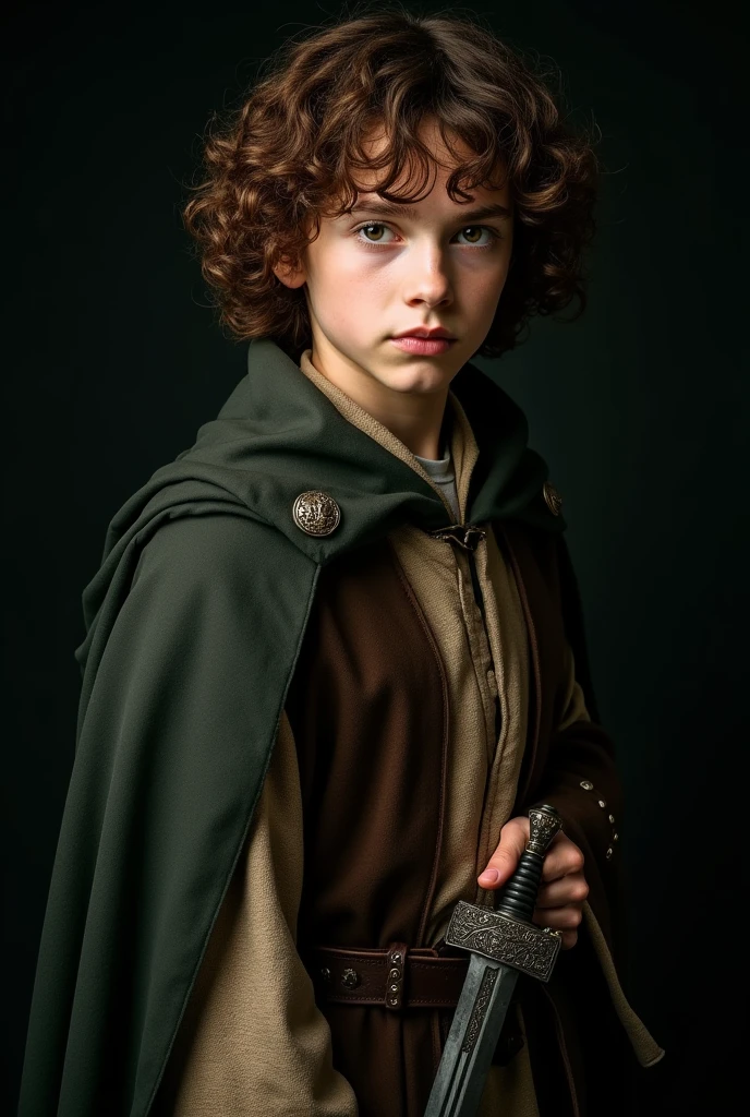 Create a studio portrait, in professional style, of the character Frodo Baggins, a character from the film series "The Lord of the Rings", based on the work of J.R.R. Tolkien. The image shows a young character with fair skin and curly brown hair., with a determined and slightly melancholic look. He is wearing a dark green cape held by a brooch on his right shoulder., that partially covers a brown coat of thick fabric, which is partially open. The coat has a simple design with visible buttons on the front., and under it, there is a shirt a shade lighter, of lighter fabric, that is closed. He holds a medieval sword in his left hand, which is seen in a partial way, coming out of the sheath. The background is completely dark, highlighting the character as the main focus of the portrait.