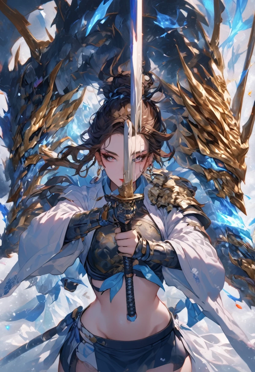 Defined female body, thick thighs, cybernetic body parts / Samurai cyborg / Girl / Blue, black and gold armor and Japanese dragon details Features / Skin: Bard / Hair: dark brown, straight and curly at the ends / Eyes: dark brown and light blue and gold / Freckles: all over her face / Her eyelashes are like snow full of flakes / Appearance: beautiful / Ice earrings / Pink lips / Tied hair/Scar: on the hand, on the arm and on the back and in the groin and also in the mouth /short skirt/Seriously.
