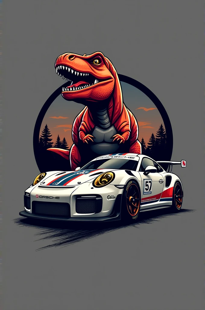 Make me a logo for Dinoco motor sport using rexy and a porsche 911 gt3