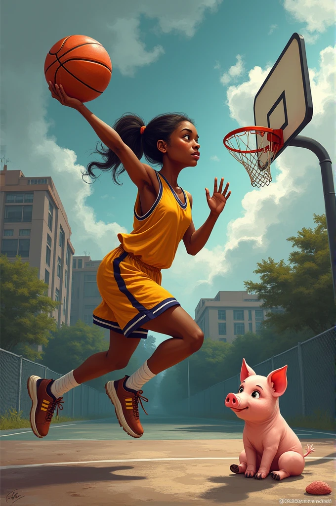 Dark skinned girl practicing basketball with a cartoon pig sitting watching her play secretly in love