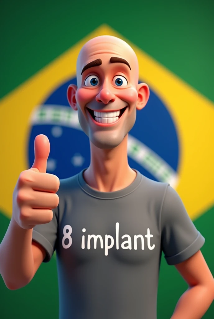 Create an animation-style image of the sandpaper with a bald man smiling and showing his thumb up with the Brazilian flag in the background and wearing a gray collared t-shirt with the words 8 implants written on it