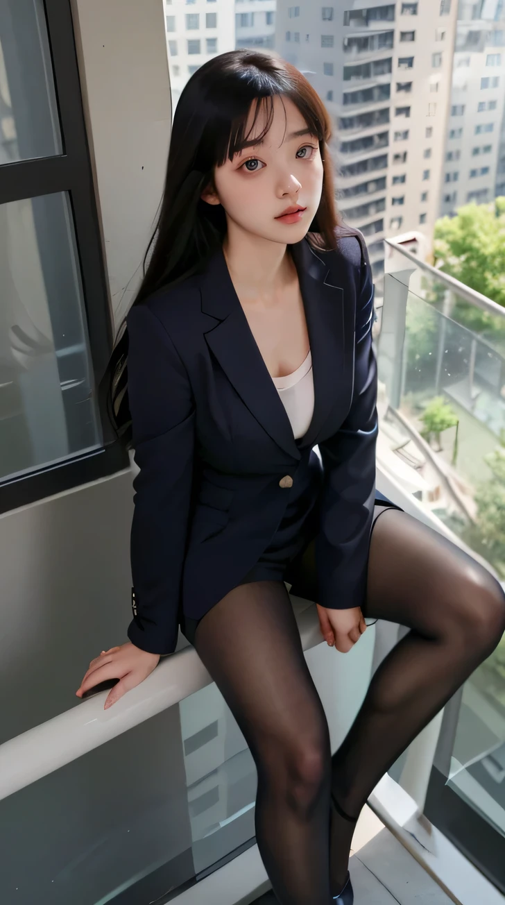 (((supermodel style character in detailed full body))), photo of a korean woman named koreanbabe, , Shooting for one person only, cute, kawaii, blush, big eyes, big breast, nfsw, detailed face, detailed pupils, detailed iris, skin texture, From front, detailed eyes, Beautiful waist, very slender legs, very slender physique, sexy, seductive, Very aesthetic, (looking at viewer:1.25), thin arms, eye shadow, skin pores, lips, nose, keylight reflection on eyes, (natural smile), photorealistic light, (masterpiece:1.2) and (best quality:1.2) and (photorealistic:1.2) and (Realistic:1.4), natural light, flash photography, Cinematic Feeling, (((Colorful))), (Perfect body : 1.1), (dynamic angle, dynamic pose:1.2), ((full body : 1.4)), standing: 1.3, posing: 1.2,  medium shot, mid-shot, from front, ((((business suit:1.3), (Ultra-realistic pantyhose:1.3), (Sit at the top of the tower:1.3),( Balcony of a high-rise apartment building:1.3))))