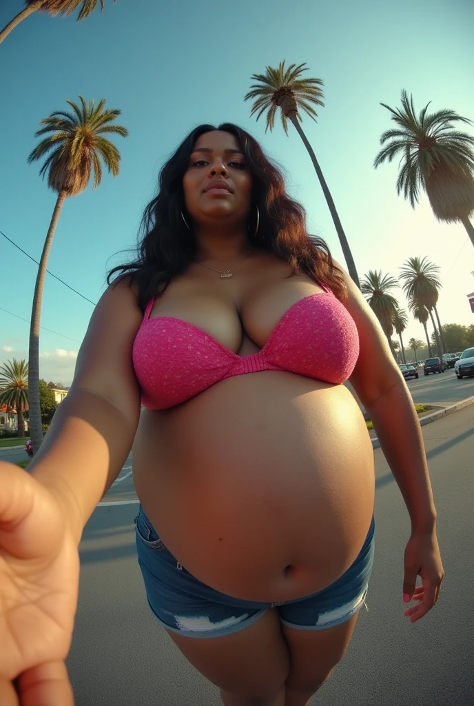 Pov when your camera is held by Cardi B's fat, curvy, plus size mother who looks full and is pregnant and wearing a bra and is jumbo sized and sagging on the side of the road. fisheye camera view, iphone camera style. 8k hd, realface, cinematic, highly detailed, extreme long shot, high quality shapering