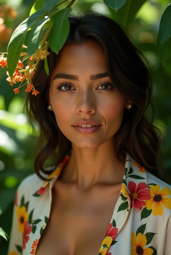 A Brazilian woman in a lush tropical garden, wearing an open shirt with a floral print, with a close-up capturing the harmonious beauty between her breasts and the natural flowers, showing off your natural charm and outgoing personality.