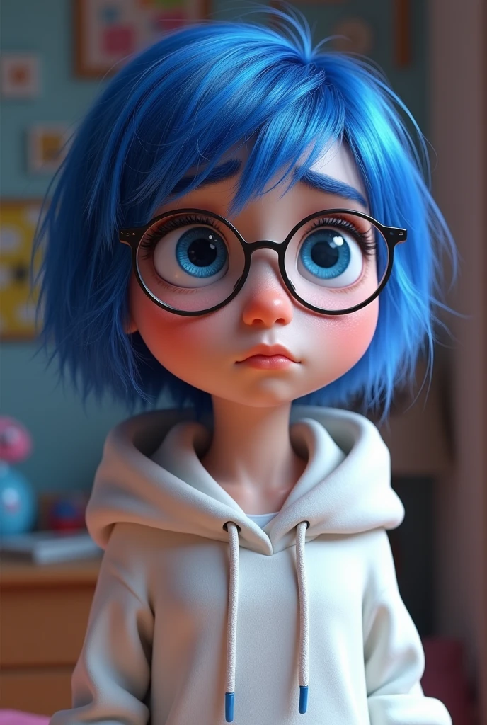 a close up of a real character with blue hair and glasses, cute pixar character, ideal pixar character, sadness personified, by Pixar, pixar character design, pixar character, sadness look, animated movie iinside out convert into a real life character that standing in her room wearing white hoodie with blue body