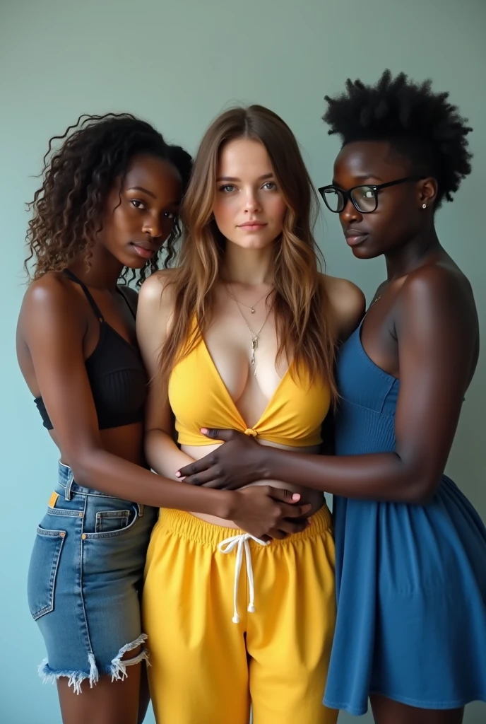 Create a photo of a 30 year old young woman, with long light brown hair with strands of hair on the face, slender and beautiful body, wearing yellow sweatpants and bare breasts, with white and clear skin, is facing the camera with her arms being pulled back and having her breasts lifted by two black teenagers, dark-skinned, obese, ugly, low, with short hair who is wearing a blue dress and glasses