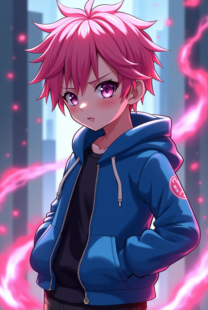 Make a boy with pink hair and a blue jacket in the anime Jujutsu Kaisen style, make him very handsome and cute.
