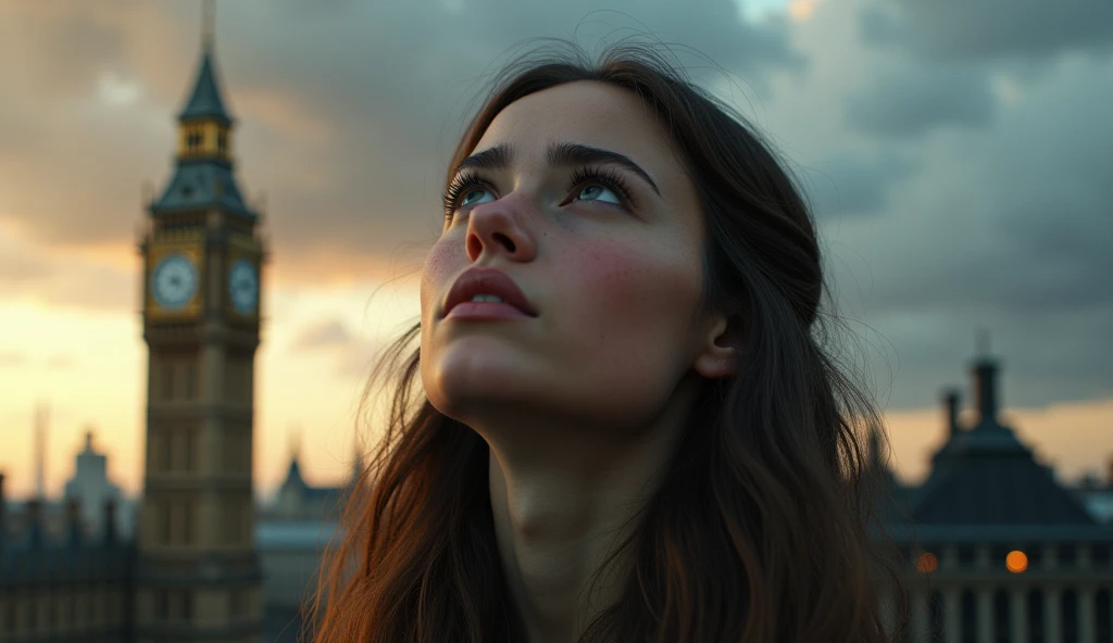 a beautiful detailed girl in London 2024 looking up at the sky in fear, close up, photorealistic, cinematic lighting, dramatic atmosphere, hyper detailed, octane render, 8k, unreal engine, highly detailed facial features, intricate details, cinematic depth of field, environment filled with dramatic clouds, stunning color palette, moody and atmospheric
