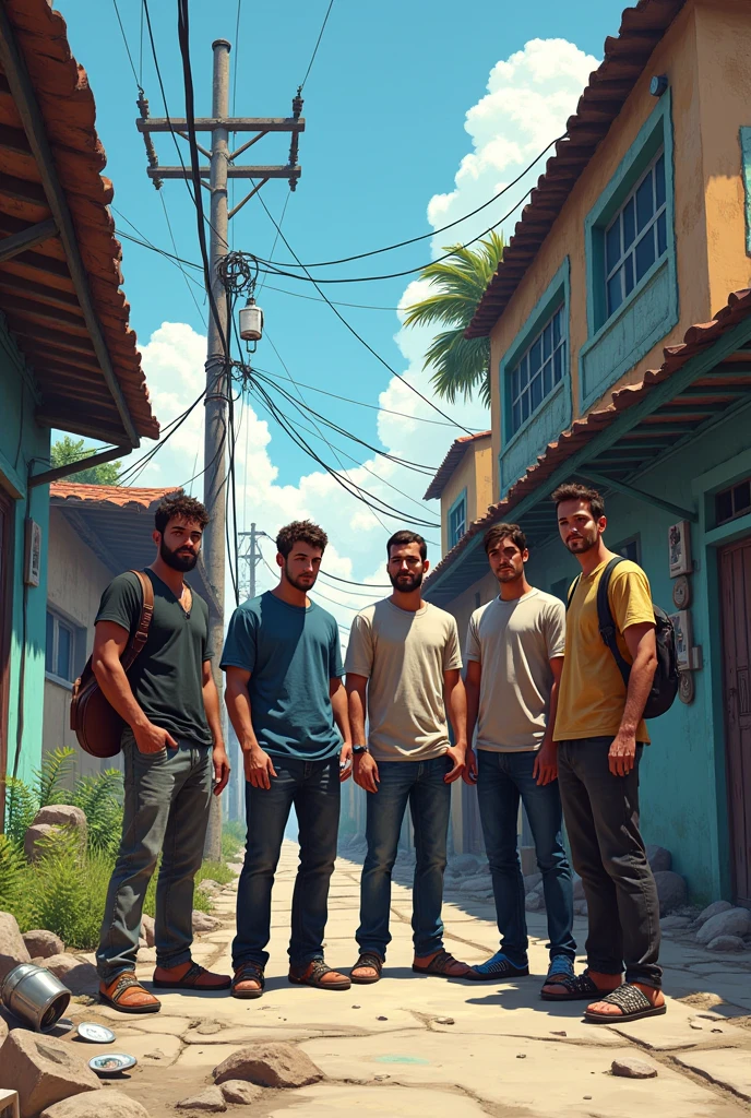 {
"prompt": "In a Grand Theft Auto (GTA) video game style, standing electrity post cable wire hanging depict a scene in a vibrant, yet slightly gritty urban Brazilian environment. Show a group of 6 male wearing Slippers people aged 20 to 30 standing in front of a run-down slum place villages. scrap cans broken beer bottles debris waste Some of them look musician ponytail disheartened, reflecting the reality that they are neither working. In the background, include signs of urban slum put a hardworking guy on front no shirts with dark color 2 holdings acoustic guitar some of them holding a box of beer liquor