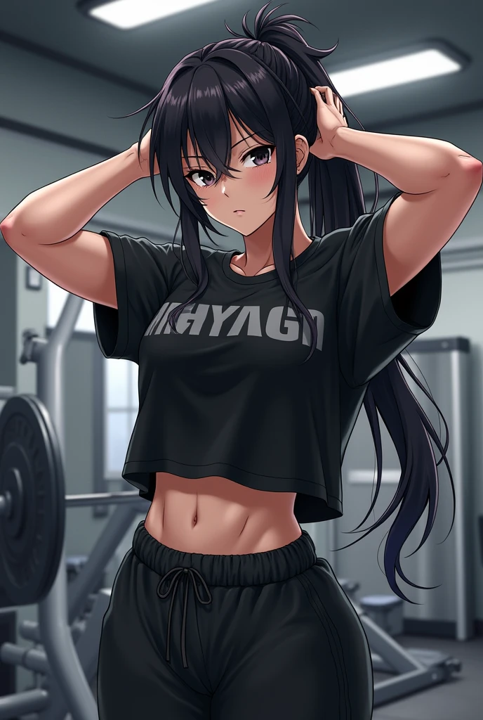 Adult anime woman, with black messy hair, black eyes, black sweat shirt shirt, sweat pants, fit physique, looking cool, a a little bit of muscle definition, sweating, focused look, fixing her hair, gym background 