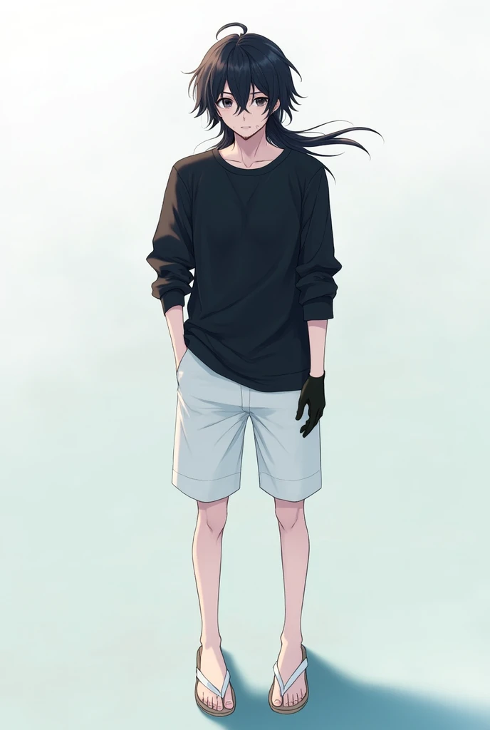ANIME character man,
Bblack hair,
sem beard,
pale white skin,
long sleeved shirt in black,
short cor branca,
white flip flops,
black gloves