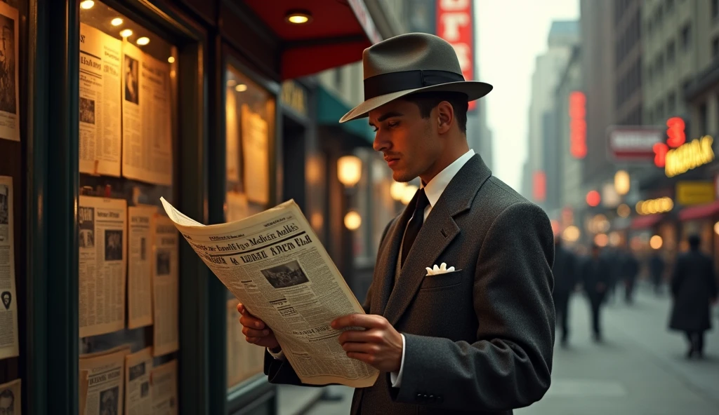 detailed portrait of a man reading a newspaper in front of a magazine stand, new york city 1940, high quality, photorealistic, dramatic lighting, urban street scene, vintage retro style, gritty realistic, cinematic, warm tones, beautiful colors, perfect focus, ultra detailed