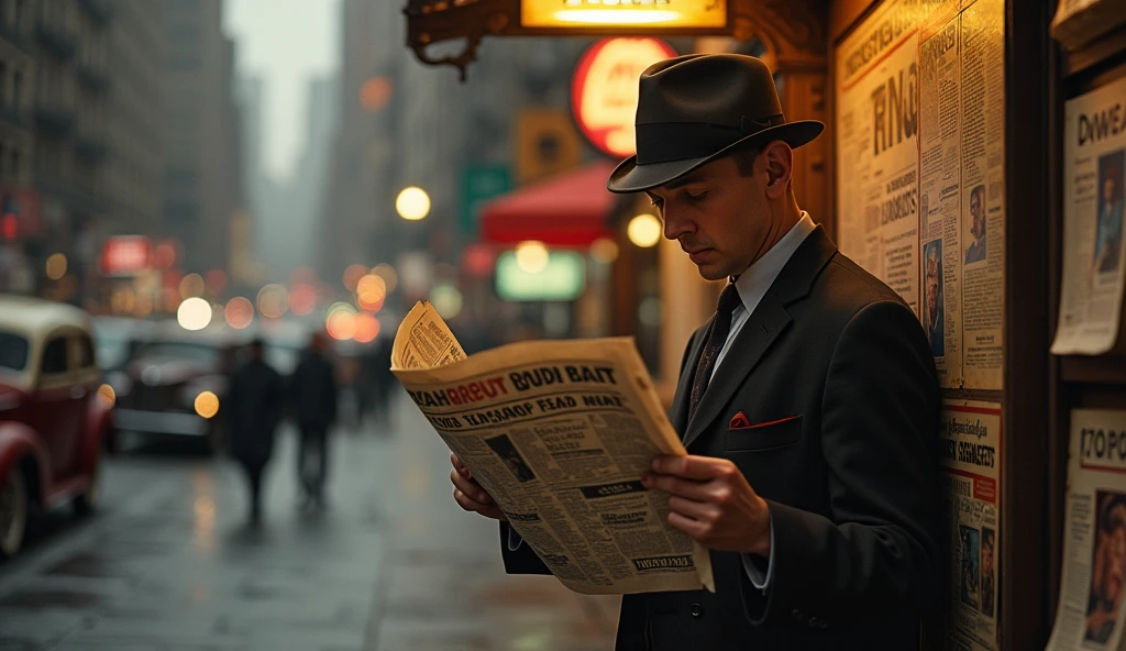 detailed portrait of a man reading a newspaper in front of a magazine stand, new york city 1940, high quality, photorealistic, dramatic lighting, urban street scene, vintage retro style, gritty realistic, cinematic, warm tones, beautiful colors, perfect focus, ultra detailed