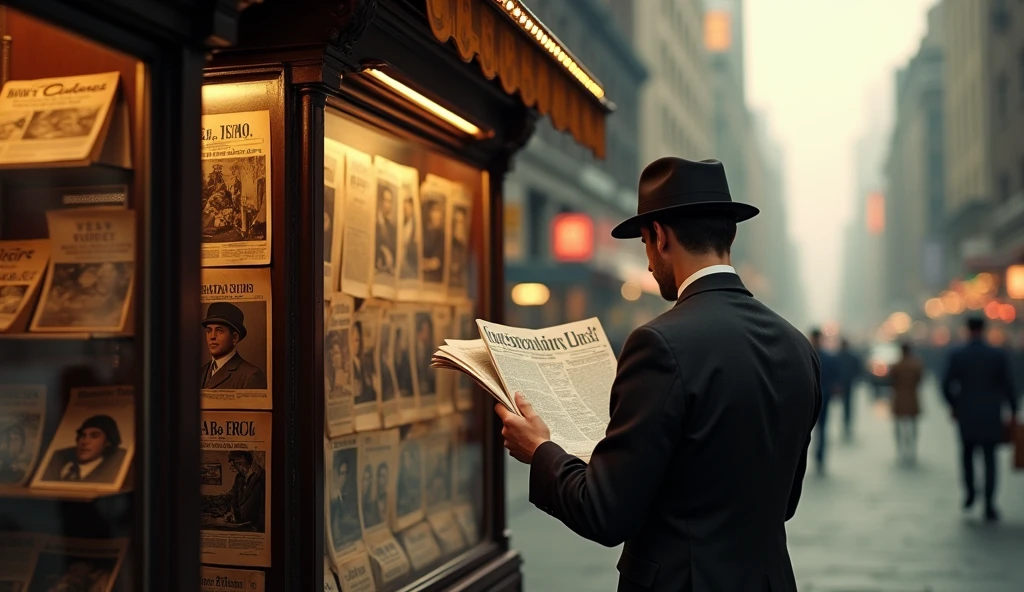 detailed portrait of a man reading a newspaper in front of a magazine stand, new york city 1940, high quality, photorealistic, dramatic lighting, urban street scene, vintage retro style, gritty realistic, cinematic, warm tones, beautiful colors, perfect focus, ultra detailed