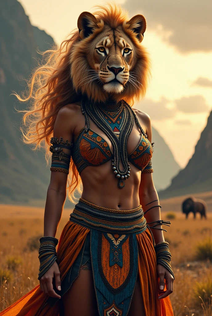 Woman with lioness head and African tribal costume