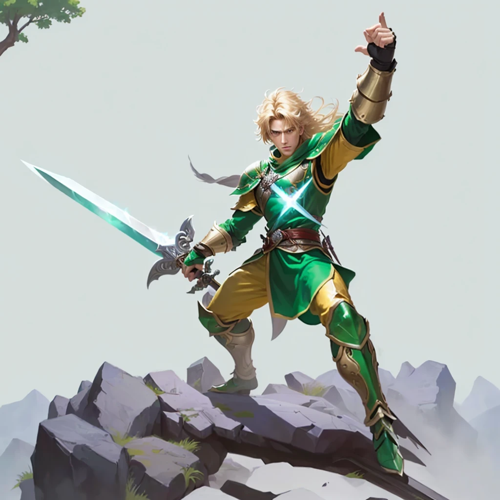 a picture of a man in a green outfit holding a sword, sword blow, brandishing sword poderosa, brandishing sword, inspired by Andor Basch, brandishing a mighty sword, Side scrolling game, dinosaur killer, battle stance, destroying sword, shot not bust, 2d side scrolling game, an emerald blond warrior, home screen art, battle pose