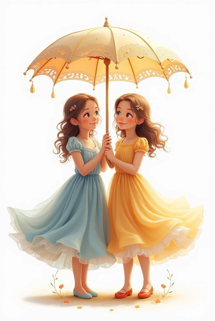 children, girls with dress under an umbrella white background