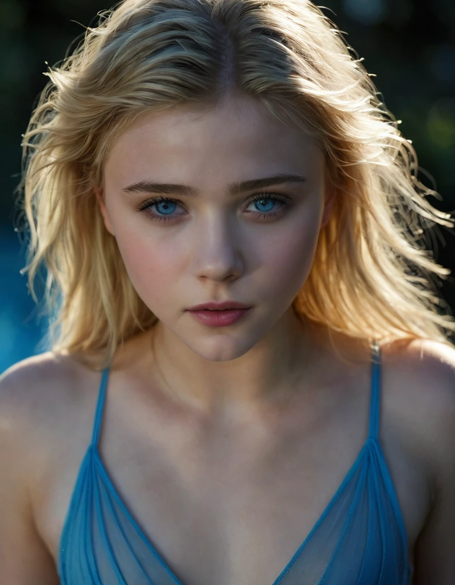 Chloe Grace Moretz, completely nude, body exposed, detailed facial features, striking blue eyes, perfect skin, natural lighting, high definition, photorealistic, dramatic, elegant, cinematic, moody, dark shadows, dramatic colors, chiaroscuro lighting, full body view