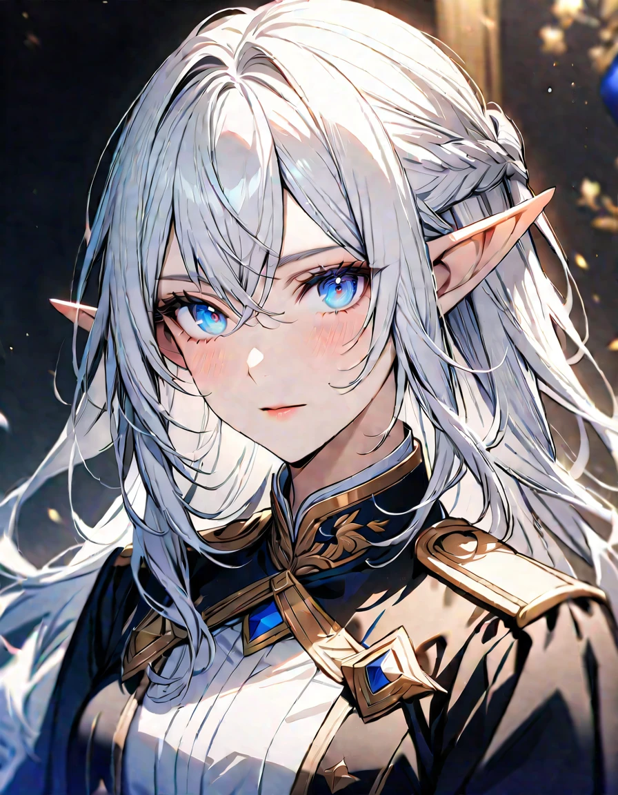 (Highest quality), (Very detailed),so beautiful, female elf, white hair long, detailed blue eyes, handsome, noble uniform, noble clothes, beautiful detailed eyes