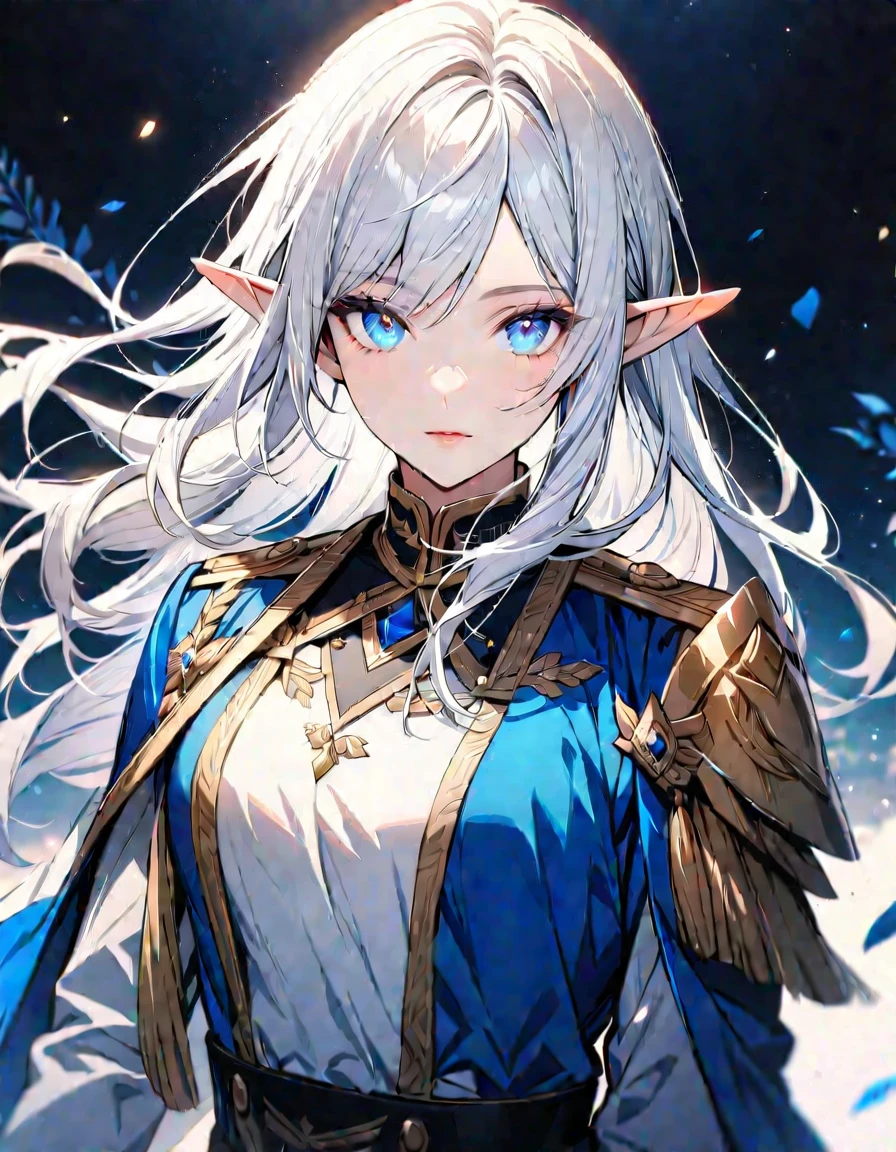 (Highest quality), (Very detailed),so beautiful, female elf, white hair long, detailed blue eyes, handsome, noble uniform, noble clothes, beautiful detailed eyes