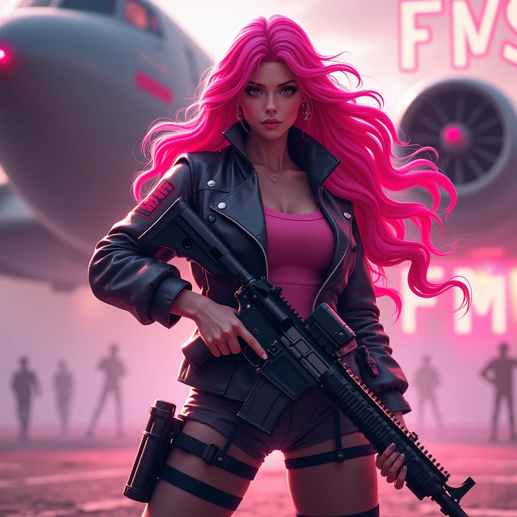 1 woman with exuberant beauty, With long hair, bright pink wavy hair, with a rifle in his hand and looking at the viewer with piercing eyes. Behind her there is an Air Force war plane and some pink details and a luminous sign that says “FMS”