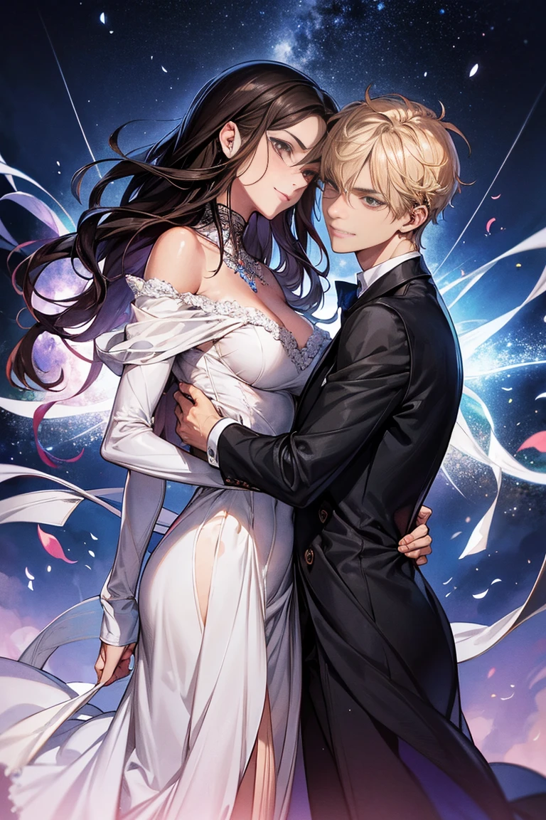 (ultra detalhado, absolutamente resolução, melhor qualidade:1.3), 2.5D, bela moça, fleeting e sad expression, cabelo liso castanho claro bagunçado em camadas, testa, (attractive e seductive) e (amorous e lewd) Face, inventar, vestindo um vestido preto de estilingue, proporções glamourosas, fundo escuro e opaco, delicate e dynamic effects, efeitos de filtro nebulosos, efeitos de iluminação iridescente, artístico, Hiper, arte digital gráfica em CG, BREAK olhos escuros, man and woman, couple, love, mature, a cat woman, she has freckles, she has dark brown eyes and an upturned nose, she is happy and smiling, she has long wavy hair, black hair, she is wearing aviator sunglasses with clear lenses in a soft watercolor style. The girl's clothes must be pink, purple, and blue in celebration of the bisexual, with stains of ink and watercolor mixing and filling the scene. he has blonde hair, he is handsome, he is slim. There should be a subtle, nuanced change in colors using the impasto technique with gouache paint. There should be a light rain in the watercolor painting with a little watercolor paper texture and a pastel background.