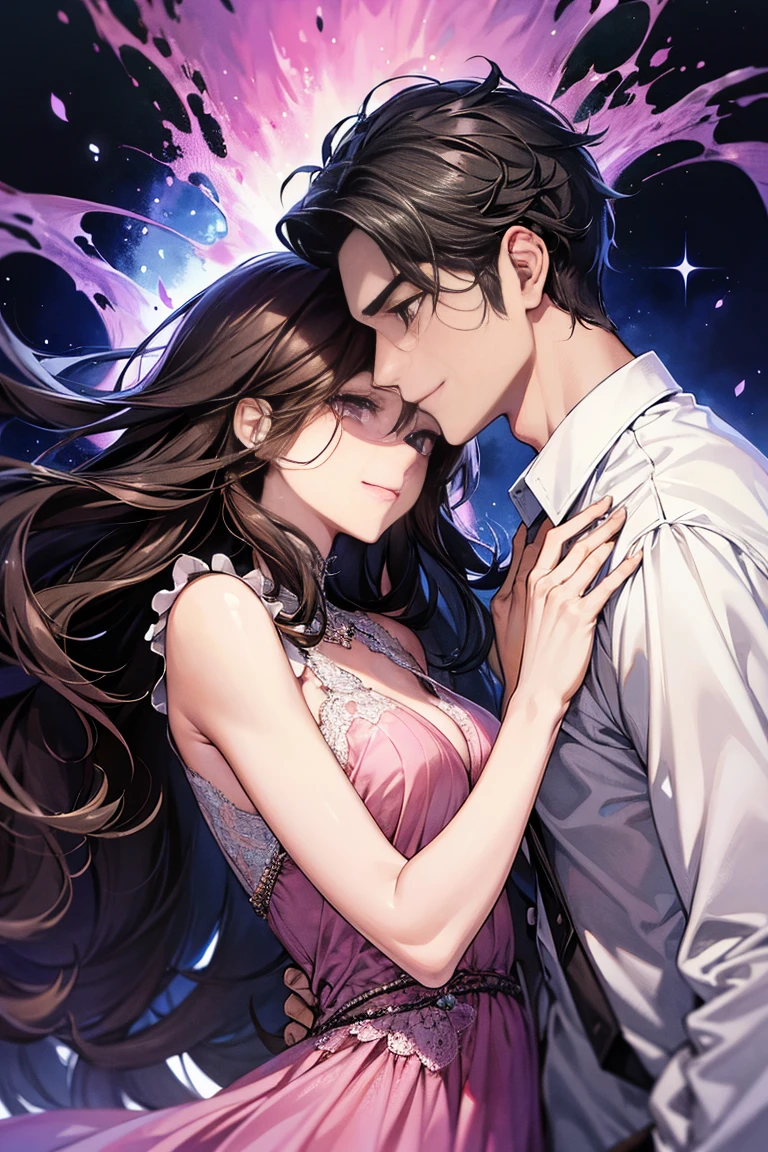 (ultra detalhado, absolutamente resolução, melhor qualidade:1.3), 2.5D, bela moça, fleeting e sad expression, cabelo liso castanho claro bagunçado em camadas, testa, (attractive e seductive) e (amorous e lewd) Face, inventar, vestindo um vestido preto de estilingue, proporções glamourosas, fundo escuro e opaco, delicate e dynamic effects, efeitos de filtro nebulosos, efeitos de iluminação iridescente, artístico, Hiper, arte digital gráfica em CG, BREAK olhos escuros, man and woman, couple, love, mature, a cat woman, she has freckles, she has dark brown eyes and an upturned nose, she is happy and smiling, she has long wavy hair, black hair, she is wearing aviator sunglasses with clear lenses in a soft watercolor style. The girl's clothes must be pink, purple, and blue in celebration of the bisexual, with stains of ink and watercolor mixing and filling the scene. he has blonde hair, he is handsome, he is slim. There should be a subtle, nuanced change in colors using the impasto technique with gouache paint. There should be a light rain in the watercolor painting with a little watercolor paper texture and a pastel background.