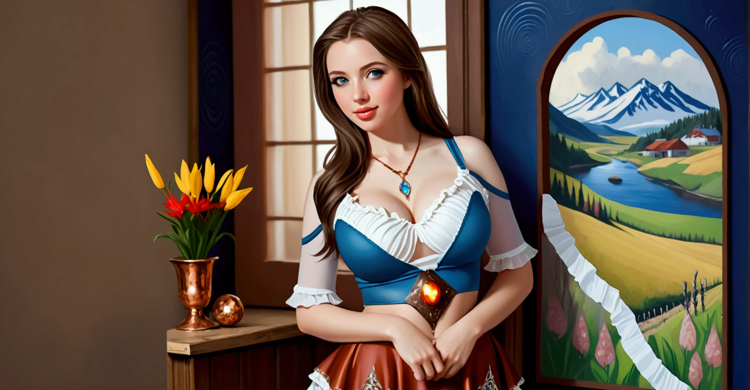 Balerina Gracefully Balanced On One Foot, Honey Brown Hair, Very Long Hair, Chignon, Crop Top. Leaning over table Provocatively, Messy Hair, Pale Skin, Red Lips, Skirt Wth Woodcut Patterns, Crop Top Wth Blue Rosemaled Designs. Midriff Wide Smile, Eyes Detailed & Wide,Dynamic Pose. Ultra HD, Rococo-Inspired Fantasy Art With Intricate Details. Cute, Charming Expression, Alluring-Gaze, Beautiful Eyes, An-Ideal-Hourglass-Figure. Large Youthful Well-Shaped-Breasts, Large round attractive ass. Massive-Round-breasts Décolletage. Full Length Side Profile. Digital Painting, Intricate Details. A spectacular mash up of Ariel Winter
