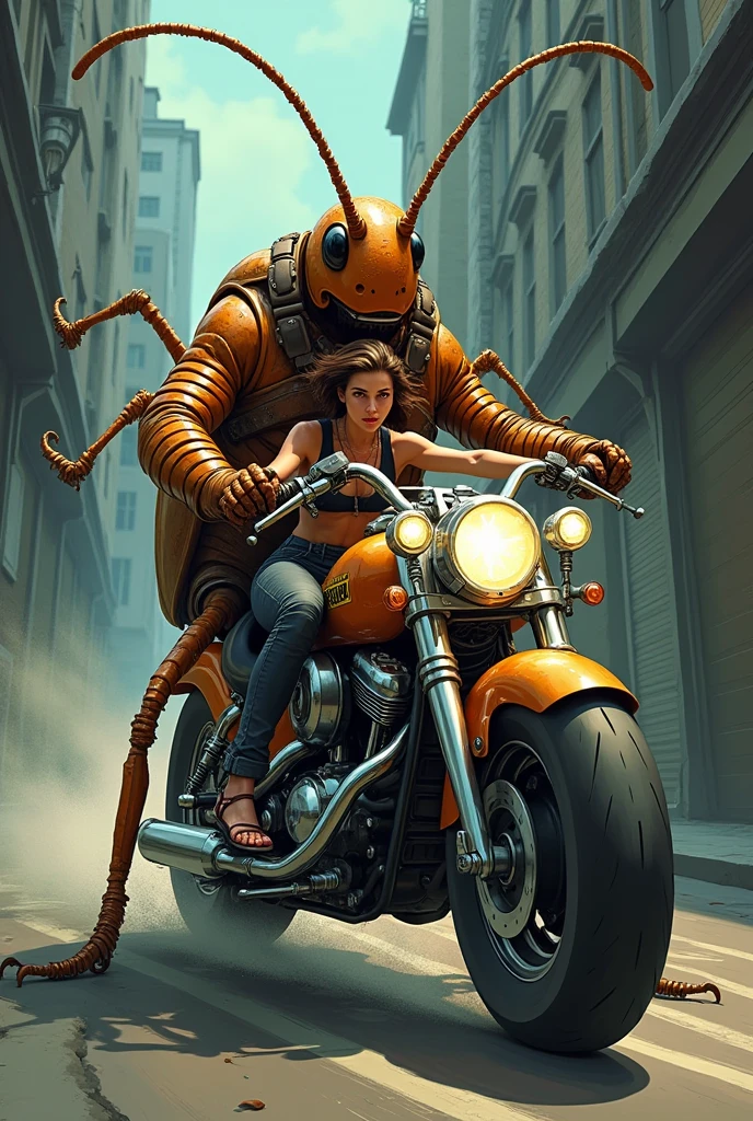 Cockroach riding a motorcycle,drawing,Women riding pillion