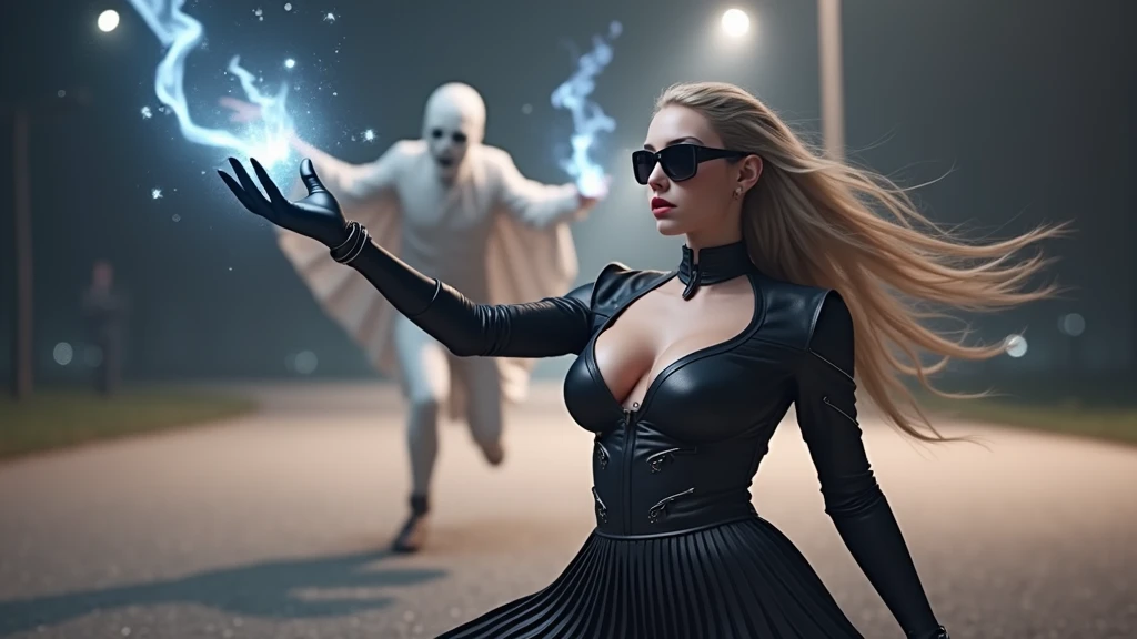 A young futuristic female sorcerer with a glowing floating small crystal stone, releasing mysterial spell and magical power, facing and defeating dark forces and beings. She stands with her right hand raised forward with a blue fire of light, floating ghost-like evil spirit chasing behind, at night, (1girl, solo, alone), photorealistic, large-breast slim:0.6 body, oval:0.5 face, cleavage:1.1, very low angle view of pleated miniskirt, deep-v, (upskirt), glove, (Matrix style black micro sunglasses), dynamic running pose, (half-body thigh level close-up shot), cinematic lighting, ray tracing, motion blur background.