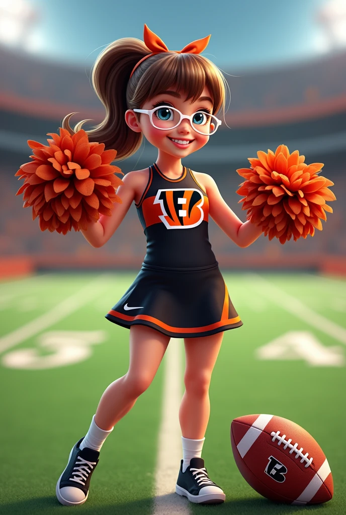 Bengals cheerleader tween
Chunky body
Brown hair, medium length in ponytail, bangs,
blue eyes & white glasses
football field stadium
Black & orange one piece outfit with Bengals logo black nike shoes
No show socks
hair bow
tiger mascot on field
Smiling
Football on ground
Pompom on ground