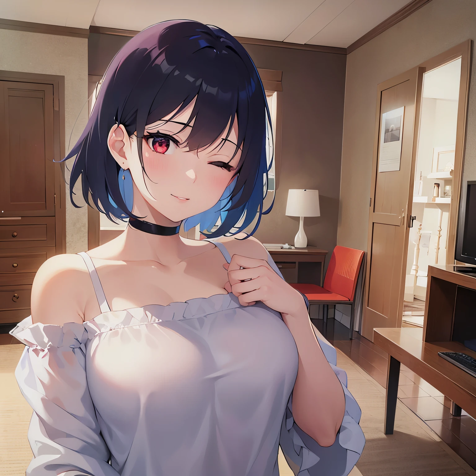 pointing、Biologically correct five fingers、mature female、big breasts, Upper Body, (pale skin:1.2), shiny skin, shiny hair、(A woman in her 40s) and (bob cut) and (wavy hair) and (hair between eyes) and (black hair) and (red eyes) and (one eye closed:1.3), (white) and (off shoulder blouse) 、smile, Alone、Are standing、The background is the living room