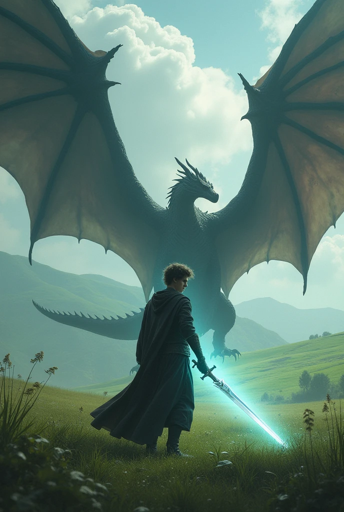 work of art. heroic, a strong, young man, serious-looking man, fighting powerful black dragons, in the background are several colossal dragons. the man is brandishing a sword of blinding light. The landscape is of green fields in the background. Lord of the Ring, Skyrim. Epic
