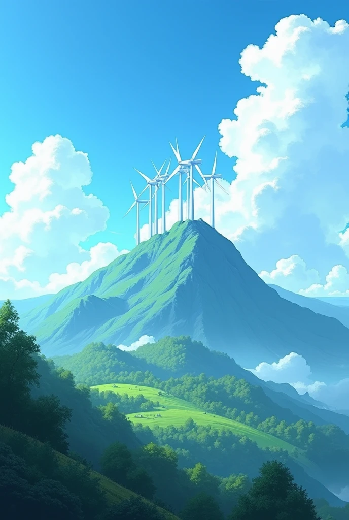 Blue sky with clouds , a mountain with windmills 
