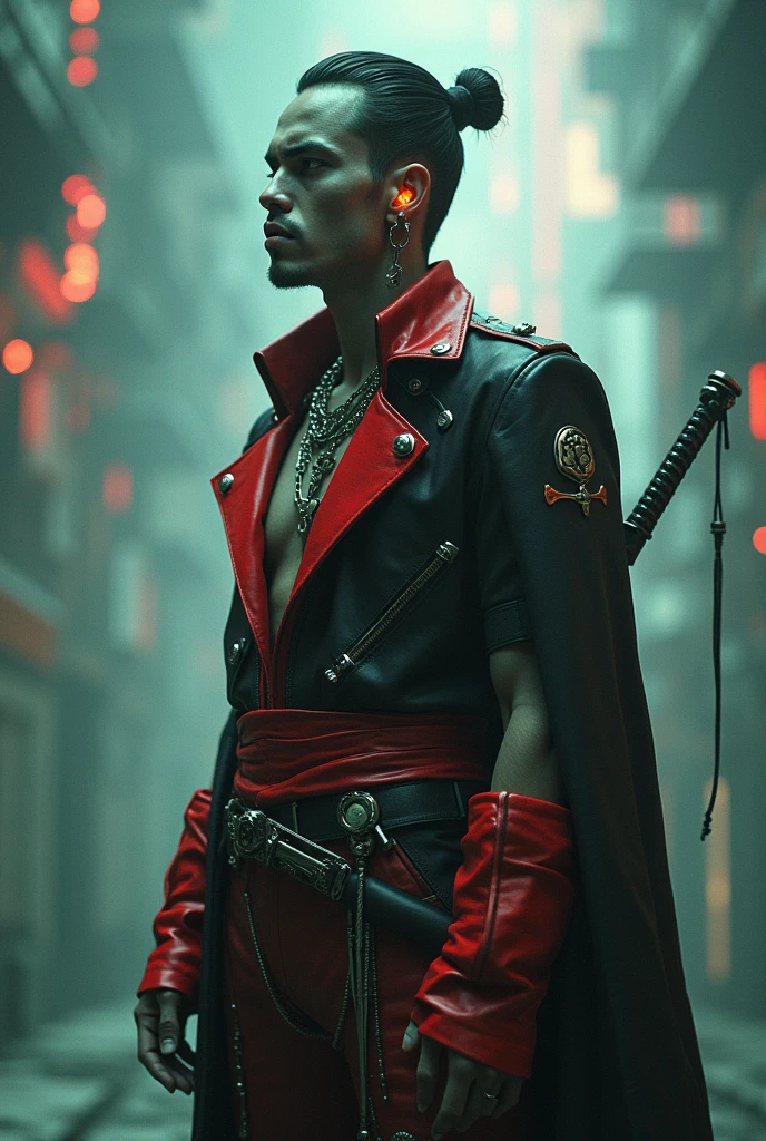A man, Submechanophobia cellular automata, cybergoth hallucination, filtered dream state, shallow depth of field, lens distortion, looking sideways, holga medium format camera, film grain, single OLED in earlobe, vivid red, pirate, always with a sword at the waist